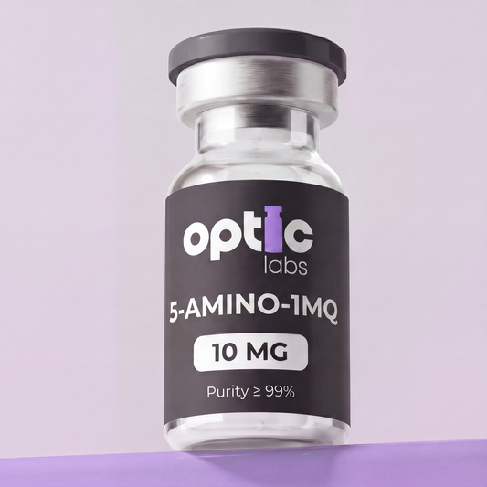 A clear vial labeled "Optic Labs 5-Amino-1MQ 10mg" (Purity ≥99%) sits against a light purple background, sealed with a silver cap. This Australian peptide is known for supporting metabolic regulation. Optic Labs Au