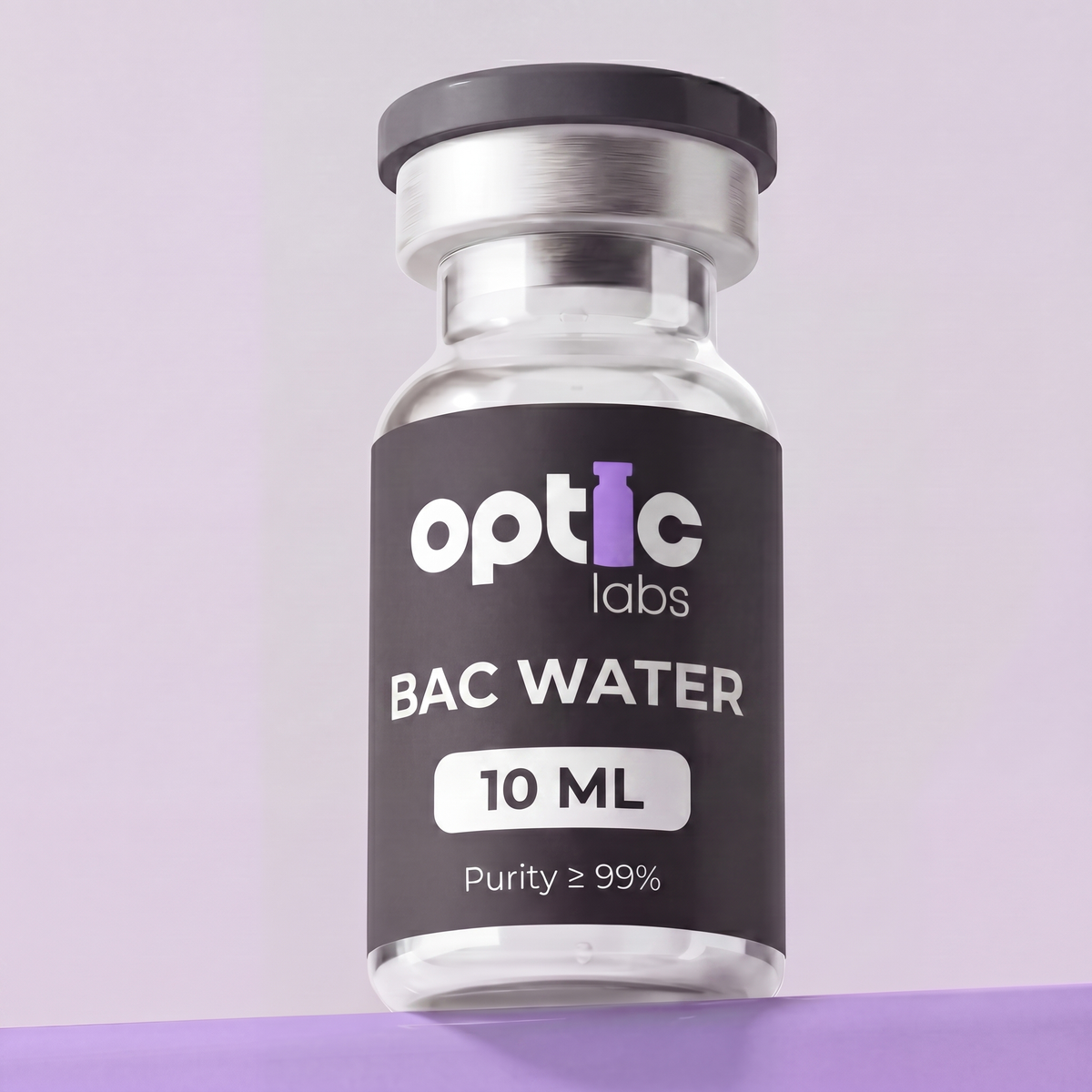 A 10mL vial of Optic Labs BAC Water, a premium Australian peptide diluent with ≥99% purity, sits on a soft purple background. Label: "BAC Water 3ml / 10ml" in black. Optic Labs Au