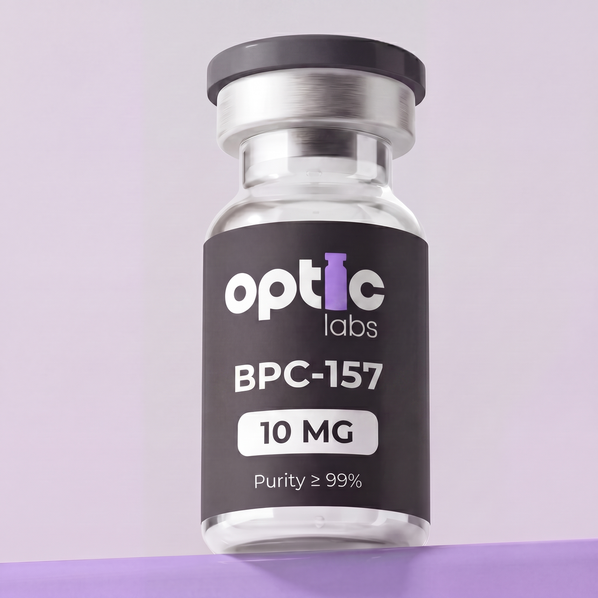 A clear vial labeled Optic Labs BPC-157 5mg/10mg (Purity ≥99%) stands against a light purple background. This lab-tested peptide features a black label with white and purple text. Optic Labs Au