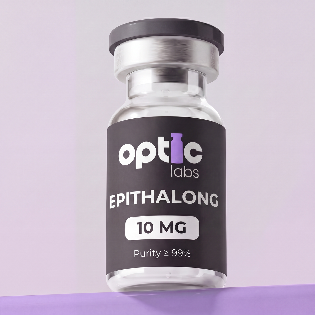 A small glass vial labeled Optic Labs Epithalong 10mg, Purity ≥99%, is sealed with a metal cap and displayed against a light purple background, highlighting its high-purity peptide for cellular longevity. Optic Labs Au