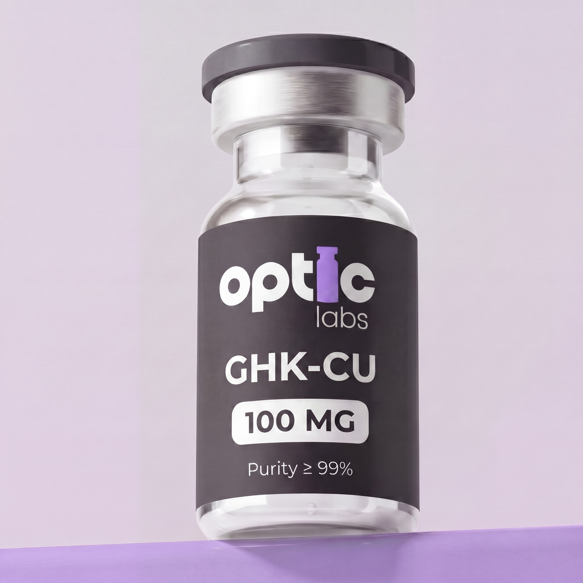 A vial labeled Optic Labs GHK-CU 50mg / 100mg, renowned for skin rejuvenation, rests on a light purple background. It features a silver cap and black label with white and purple text. Optic Labs Au