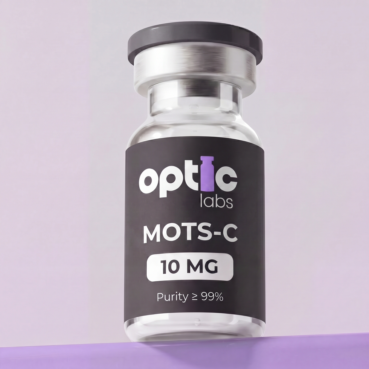 A clear vial labeled Optic Labs MOTS-C 10mg / 40mg stands upright on a light purple background. The label features black, white, and purple text, emphasizing this peptide’s high purity for advanced metabolic health research. Optic Labs Au