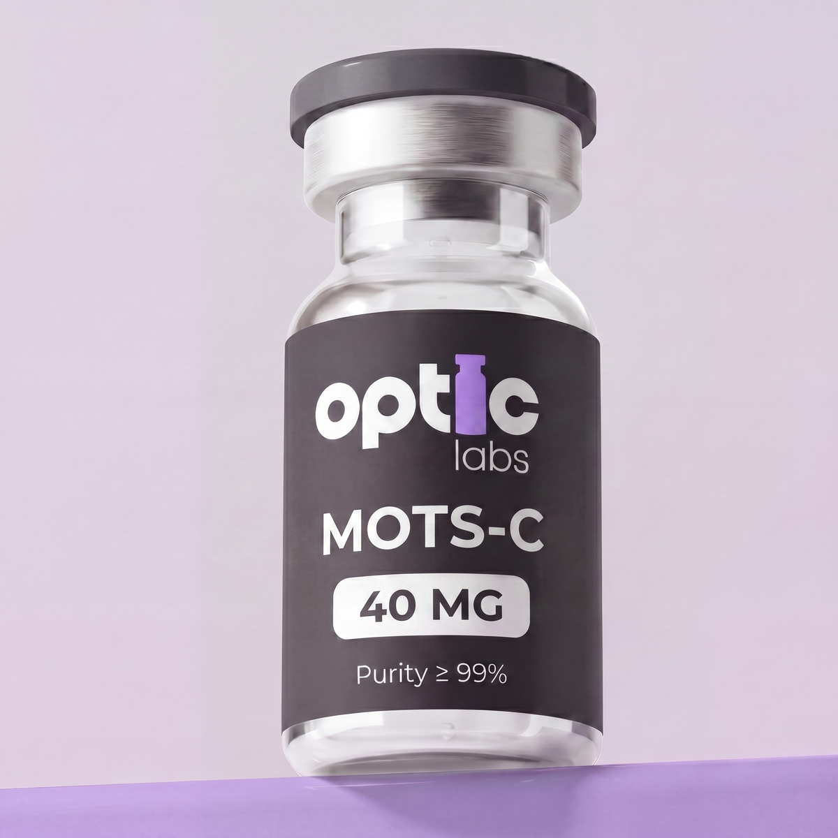A clear vial labeled Optic Labs MOTS-C 10mg/40mg, noted for its ≥99% purity and metabolic health benefits, sits on a purple surface with a light purple background. Optic Labs Au