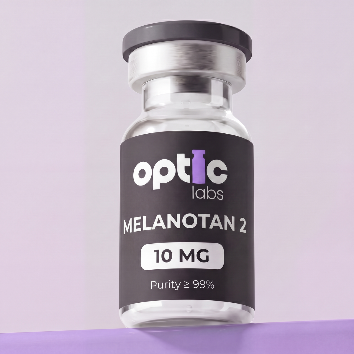 A small glass vial labeled Optic Labs Melanotan 2 10mg, Purity ≥ 99%, with a black cap, set on a light purple background—commonly used for skin tanning. Optic Labs Au