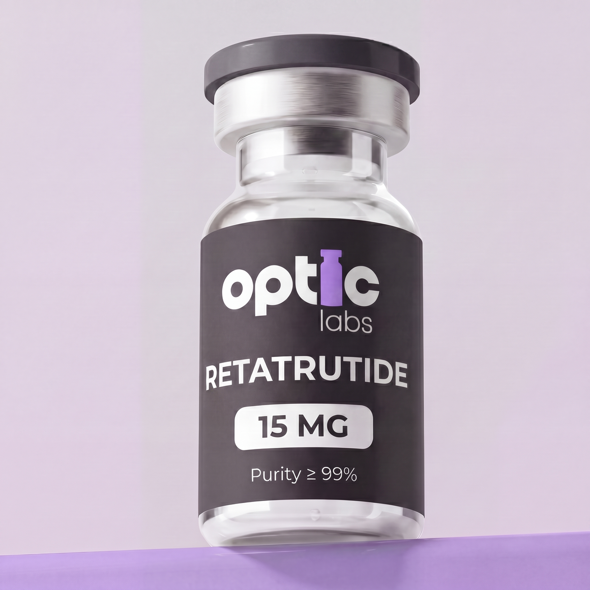 A small glass vial labeled Optic Labs Retatrutide (5mg / 10mg / 15mg / 20mg / 30mg), Purity ≥99%, stands upright against a light purple background. Optic Labs Au