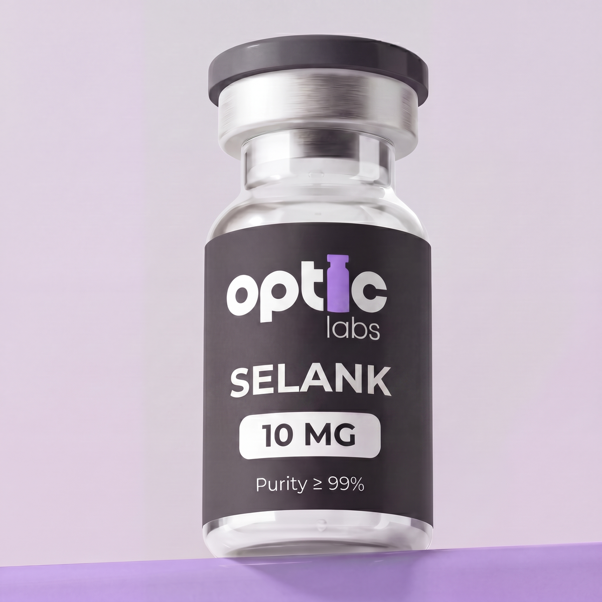 A clear vial labeled Optic Labs Selank 10mg stands upright against a light purple background, highlighting this high-purity (≥99%) peptide. Optic Labs Au