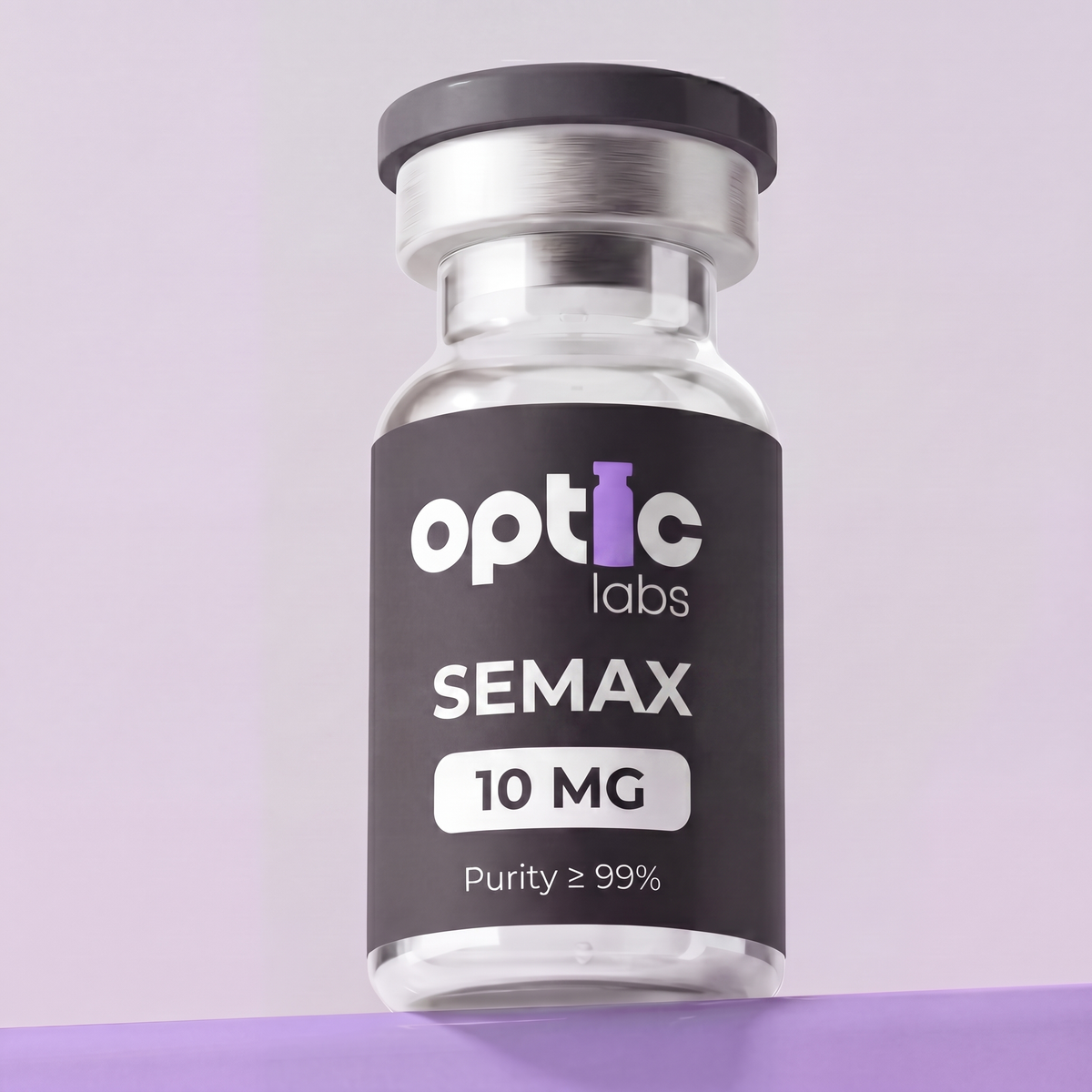 A small glass vial labeled Optic Labs Semax 10mg, Purity ≥99%, sits against a light purple background. The product, used for cognitive support, has a black label and silver cap. Optic Labs Au