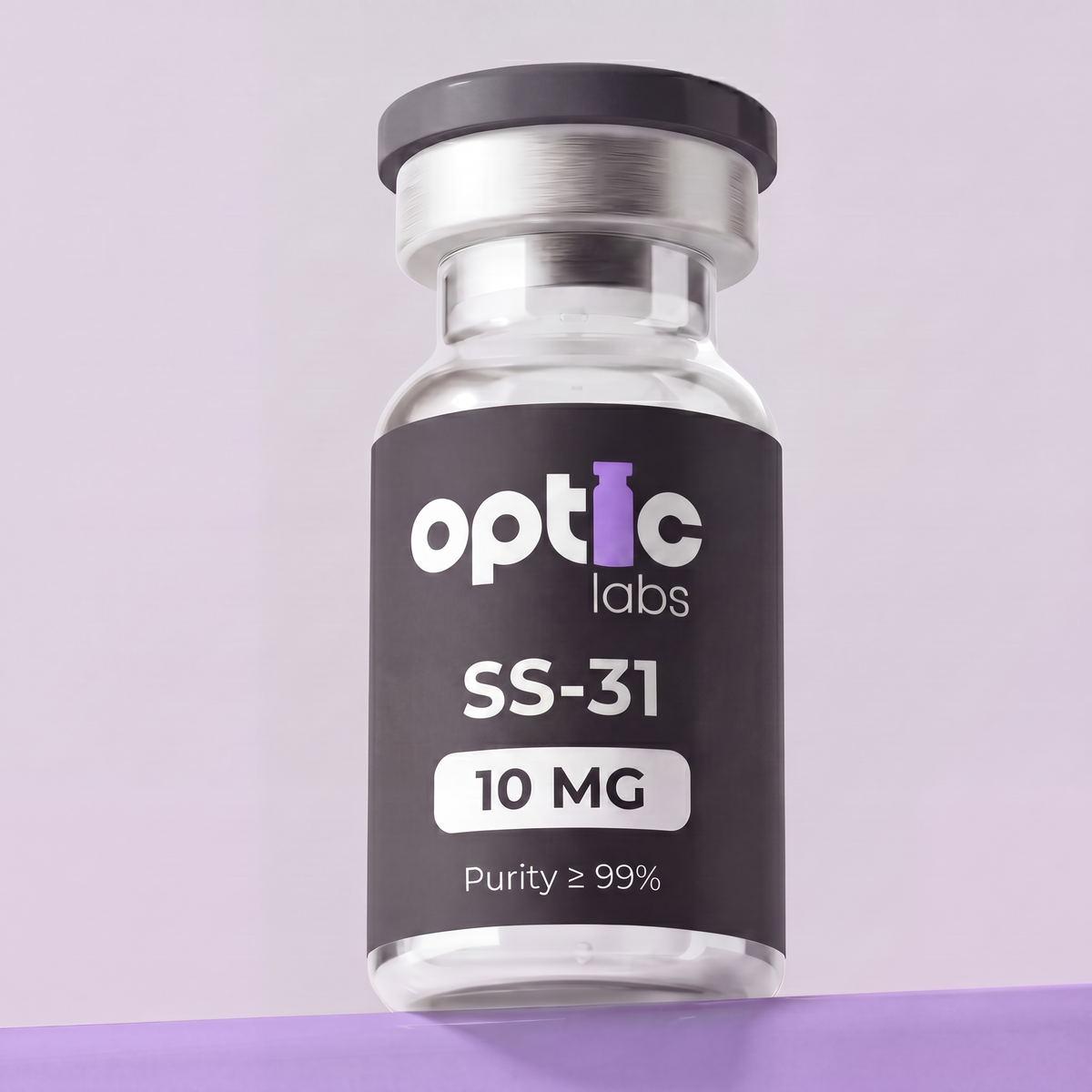 A small glass vial labeled Optic Labs SS-31 10mg (Purity ≥99%) with a black and white label displays high-purity, mitochondria-targeted SS-31 peptide, set on a light purple background. Optic Labs Au