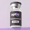 A clear vial labeled Optic Labs Tesamorelin 10mg stands upright on a purple surface against a light purple background, showcasing this peptide product. Optic Labs Au