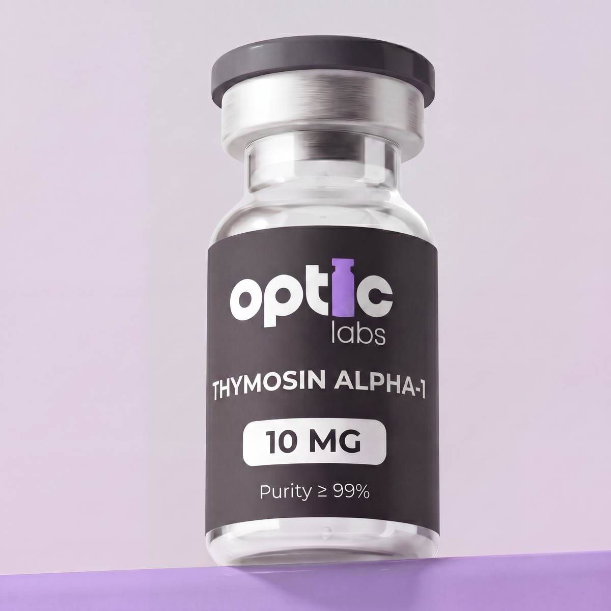 A clear glass vial labeled "Optic Labs Thymosin Alpha-1 10mg," featuring ≥99% purity, sits against a soft purple background to highlight this immune-support peptide. Optic Labs Au